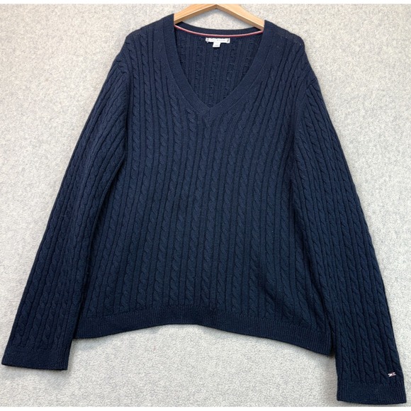 Tommy Hilfiger Sweaters - Tommy Hilfiger Women Cable Knit Pullover Sweater Masters Navy Ribbed V-Neck XL